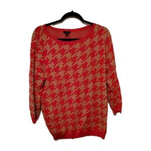 ANN TAYLOR Red Tan Houndstooth Cotton Sweater Prep Academia Corporate Business L